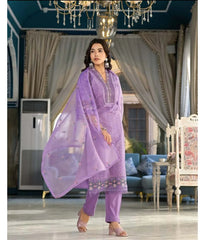Newest Purple Bandhej Printed Embroidered Work Cotton Kurta with Pant and Dupatta Set  Kurti Supplier for Her