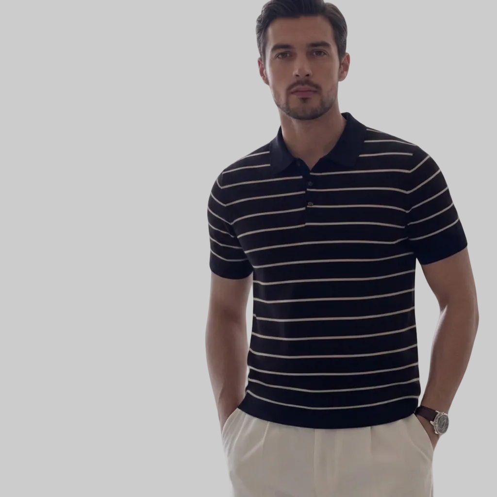 Customizable Striped Knit T-Shirt for Men, Personalized Summer Polo, Summer work casual shirt, Slim Fit Casual Top