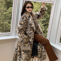 Women's Long Faux Fur Jackets Autumn Winter Leopard Coats Loose Fur Coat with Pockets