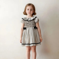 Boutique Classic Stripe Dress Baby Girl Bubble Sleeves Kids Fashion Clothing Ruffle Design Collar Luxury Child  Dresses