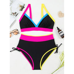 Dear-Lover Wholesale Fashon Color Block Drawstring Side V Neck High Waist Bikini Set