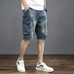 High Quality Men's Casual Baggy Jeans Shorts Breathable Dark Denim With Pocket Solid Pattern Cargo Pants Style