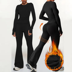 Cross-Border Sports Fitness Yoga Set Warm Pullover Long-Sleeve Top Flared Pants Elastic Print XL Workout Fashion Suit 2 Pieces