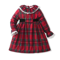 Holiday Tartan Classic Christmas Style Girl's Dress Boutique Lace Design Elegant Princess Dresses for Christmas Holiday Party