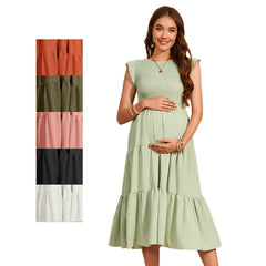 Women's Pregnant Dresses Wear Loose Casual Fly Sleeve Shirr A-Line Maternity Dress Daily Clothes Summer