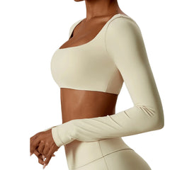Square Collar Crop Tshirt Quick Dry Gym Top Fitness Yoga Crop Tops  Long Sleeve Crop Tops Tshirt for Women With Padded