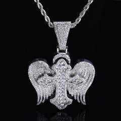 NUOYA Hip Hop Jewelyr Iced Out Diamond Cross Pendant White Gold Full Pave Shiny Zircon Angel Wings Cross Pendant for Gift