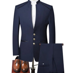Men's Retro Style Two-Piece Suit Jacket Trousers Classic Chinese Style Open Chest Double Split Gold Buttons  Front Flat