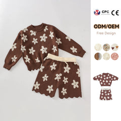 Custom Winter Children's Knit Long Sleeve Pullover Kids Unisex Flower Printing Sweater Newborn Baby Cotton Knitted Clothing Set