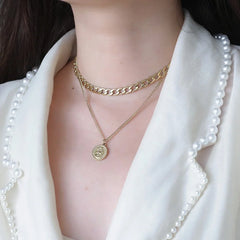 Double Layer Cuban Choker Chain Necklace 14K Gold Plated Stainless Steel Elizabeth Coin Pendant Necklace