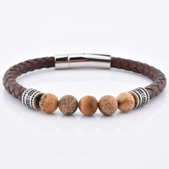 Men's Popular Personalised Wood Stone Stainless Steel Leather Bracelet For Men
