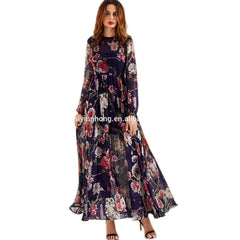 Plus Size OEM Latest Design Oversize Printed Flower Long Sleeve Chiffon Kaftan Abaya Women Evening Dress