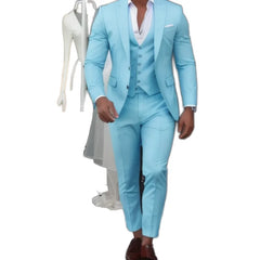 Light Blue Men's Slim Fit 3-Pc Suit Single Breasted Wedding Blazer Vest Pant Plus Size Fashion Groom Costume Homme
