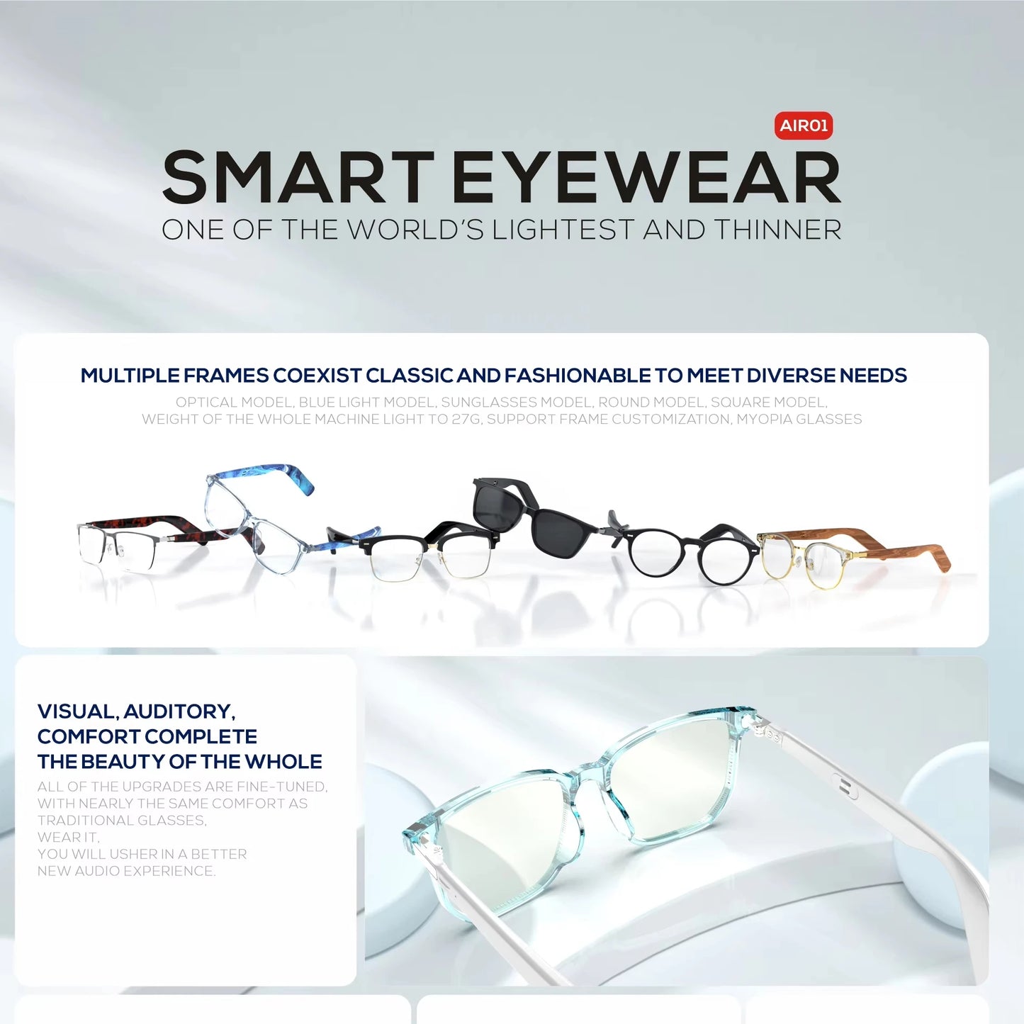 Ultralight audio glasses thin design
