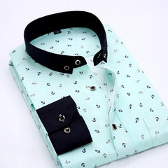 Men's Slim Fit Printed Long Sleeved Plaid Shirt Casual Floral Print Versatile for Spring Season New Season Chemise Homme