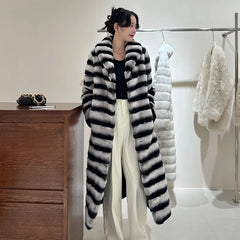 Women Long Fur Coat  Winter Clothing Hot Sale Women Real Rex Rabbit Fur Coat Chinchilla Color Stripe