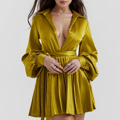 2024 OEM Women Summer Spring Elegant Romantic Ladies Sexy V-Neck Long Sleeves Ribbon Pleated Skirt Stain Fashion Women Dress