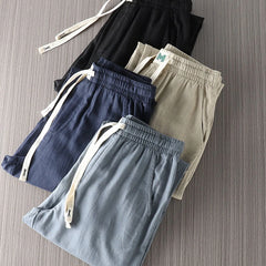 Spring and Summer Linen Men's Trousers Elastic Waist-tied Feet Casual Pants Thin Breathable and Comfortable Pants.