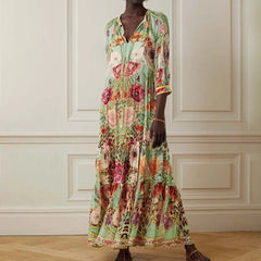 New Fashion Women's Maxi Dress Loose Print Elegant Vintage Style Lace up V Neck Ruffle Boho Embellished Silk Dresses