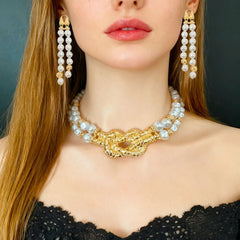 Vintage France Elegant Wedding Outfits Long Fresh Water Pearl Beads Earrings Box Necklace Jewelry Gold Filled Sets for Women