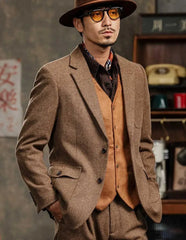 High Quality Retro British Tweed Men's Brown Wool Jacket Single Breasted Slim Suit Blazer Flat Padded Casual