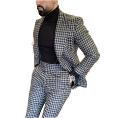 Autumn Winter Houndstooth Men's Slim Fit Tuxedo 2-Piece Wide Lapel Casual Suit Single Breasted Thick Jacket+Pants Houndstooth
