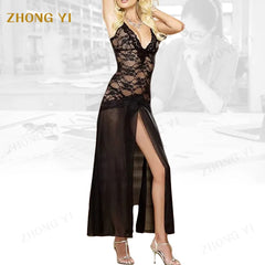 Wholesale Women Sexy High Split Mesh Lace Lingerie Night Long Skirt Patchwork Slim Spaghetti Strapped Evening Party Maxi Dresses