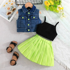 New Summer Girls' Denim Vest + Strappy Underwear + Green Pleated Skirt + Belt Four-piece Set