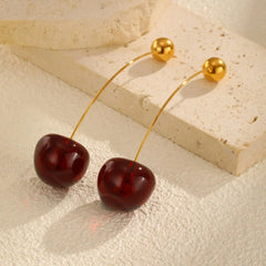 Ladies Stainless Steel Solid Resin Bead Cherry Earrings Simple Drop Earrings PVD 18K Gold Plated Fashion Accessory for Women