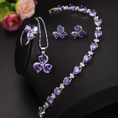 Purple Zircon Clavicle Short Clover Necklace Diamond Jewelry Set With Flowers Earrings Finger Ring Romantic Women's Geometric