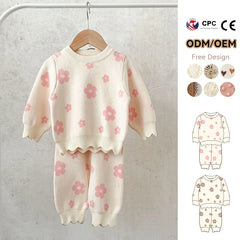 Custom Logo Winter Newborn Baby 2Pcs Sweater Suit Infant Girl Cotton Baby Clothing Sets Toddler Boy Flower Jacquard Knitwear