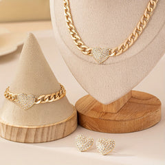 French Luxury Love Heart Shape Fashion Diamonds Earrings Necklace Bracelet Set for Women's Party Wear