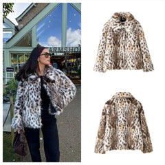 Apres Ski Slavic Girls Style Women's New Fashion Faux Fur Effect Crew Neck Polyester Leopard Jacket Coat Direct Factory Seamless