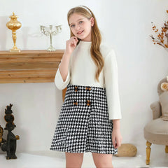 Girls' Casual Fashion Plaid Skirt Set Long-Sleeved Stand Collar Knitted Sweater High-Neck Top for Children Baby Girl