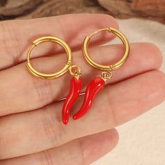 Elegant Waterproof Fashion Jewelry Pvd 18K Gold Stainless Steel Vintage Red Pepper Earring Hoop Stud Huggie for Men Women