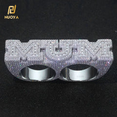 NUOYA 925 Silver Personalization Custom Letter Double Finger Ring Iced Out VVS Moissanite Luxury Hip Hop Fine Jewelry
