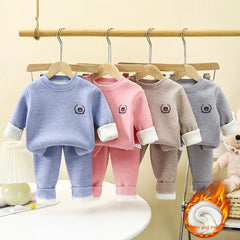 Children's Winter Autumn Thermal Clothing Set Fleece Lined Boys' Underwear Girls' Thickened New Baby Clothes with Solid Pattern