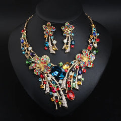 Fashion Statement Zircon Heavy Bridal Multistrand Multi Colour Sapphire Bead Large Rhinestone Necklaces Jewelry Set for Women