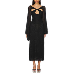 Custom Party Lady Elegant Club Cut Out Clothing Dress Long Sleeve Sequin Midi Prom Women Dresses Manufacturer