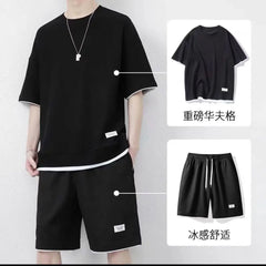 Summer Men Sets Short Sleeve T-shirts+wide Leg Shorts Two Piece Suits Thin Breathable Tracksuit Male Casual Loose Outfits