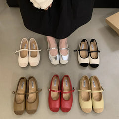 Women's Red Single Shoe Flat Round Head Mary Jane Shoes Women