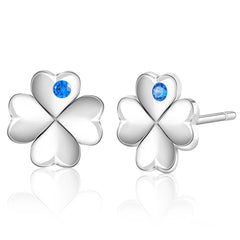 Ladies Earrings  AAA+ Cubic Zirconia Sapphire Blue CZ 925 Silver Women Four Leaf Clover Stud Earrings