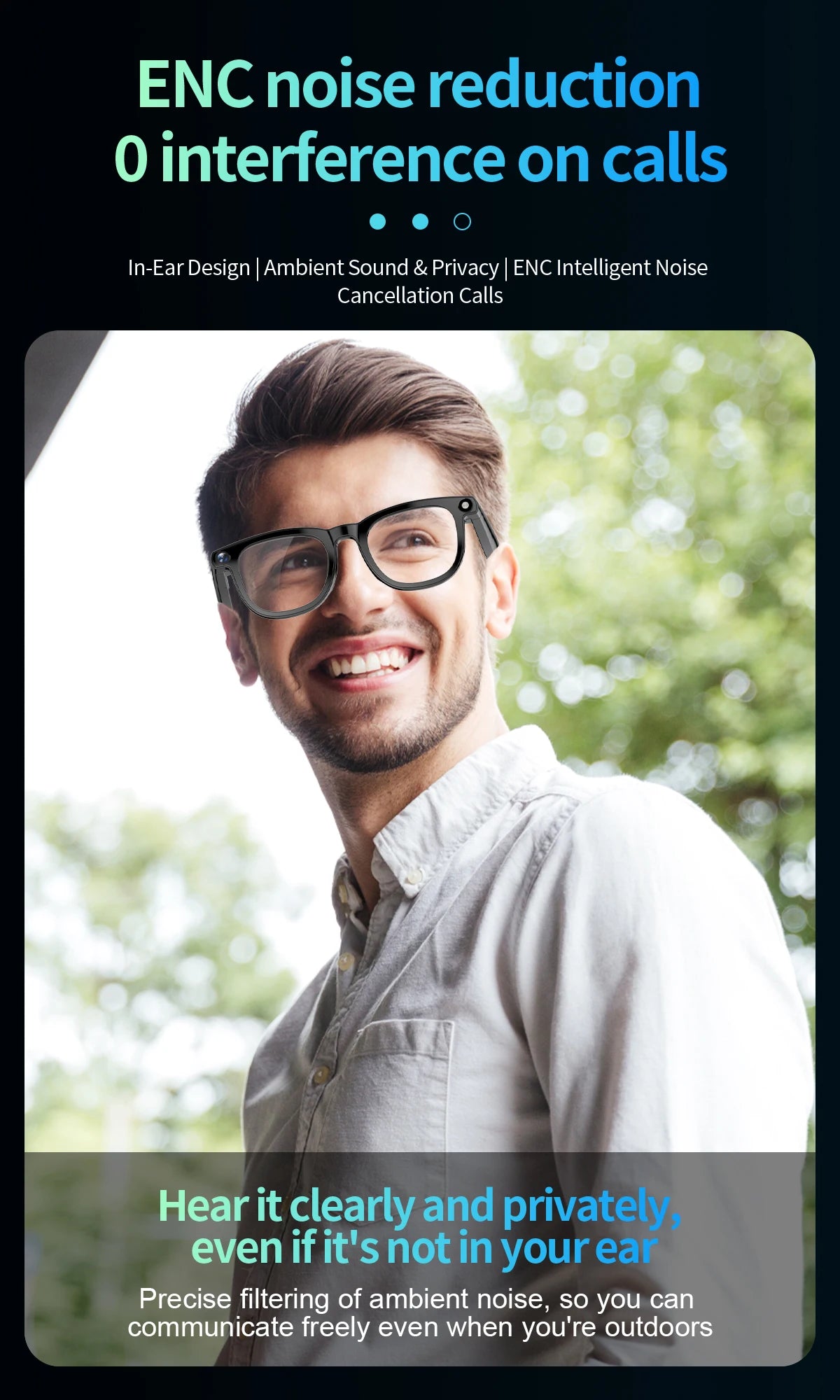 Camera glasses ENC noise cancelling calls