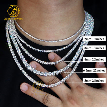 Luxury Men Women Hip Hop Fine Jewelry 2Mm 3Mm 4Mm 5Mm Diamond 925 Silver Bracelet VVS Moissanite Tennis Chain Necklace