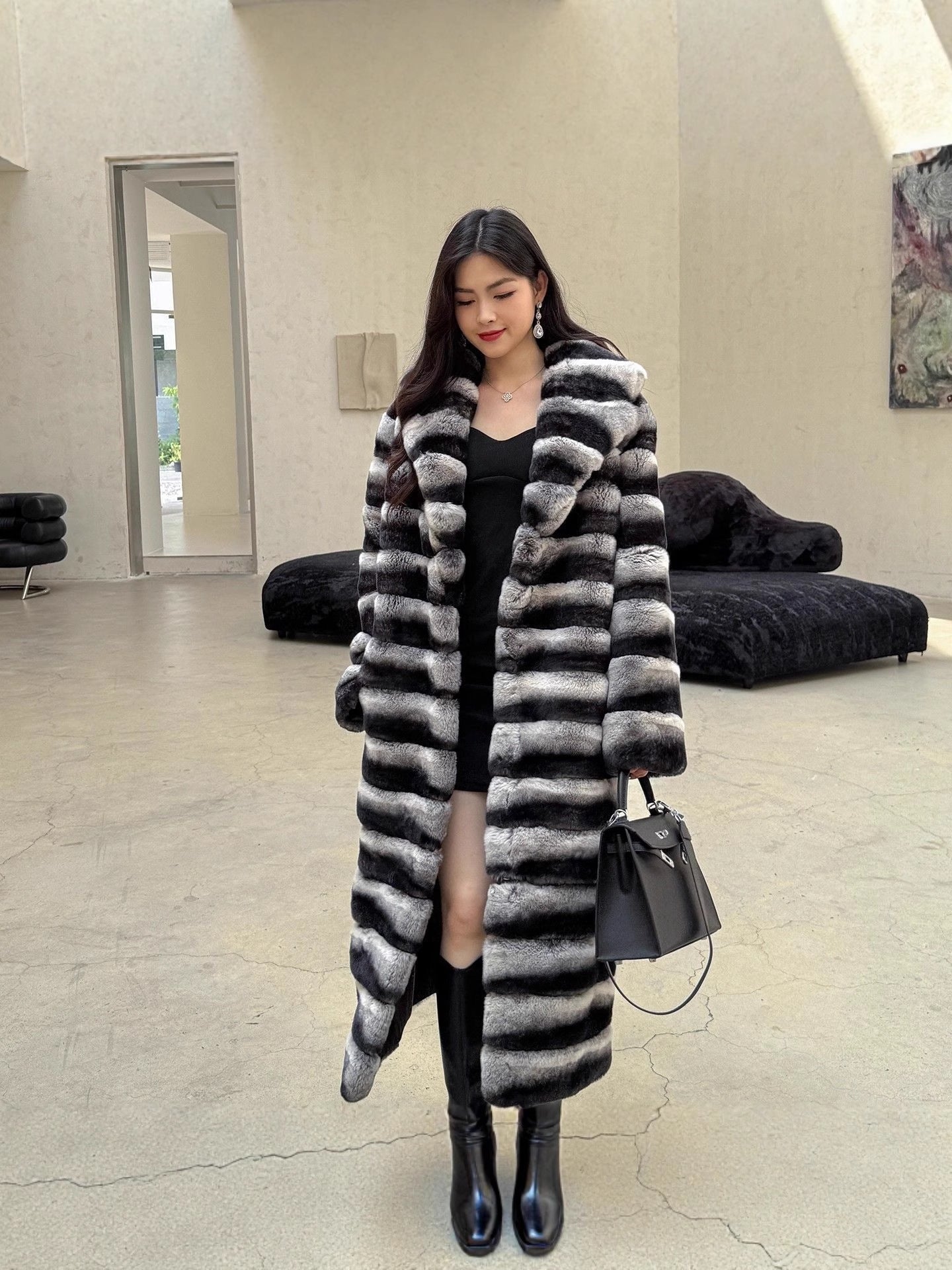 New Vintage Striped Golden Mink Woven Velvet Faux Fur Casual Women's Winter Poncho Long Over-the-Knee Warm Eco-Friendly