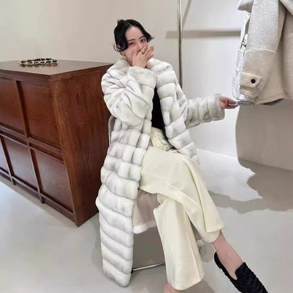 New Vintage Striped Golden Mink Woven Velvet Faux Fur Casual Women's Winter Poncho Long Over-the-Knee Warm Eco-Friendly