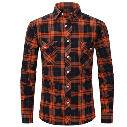 Men's High-End Vintage Style Plaid Flannel Shirt Long Sleeved Double Pocket Fashionable Print Cotton Casual Shirt Anti-Wrinkle